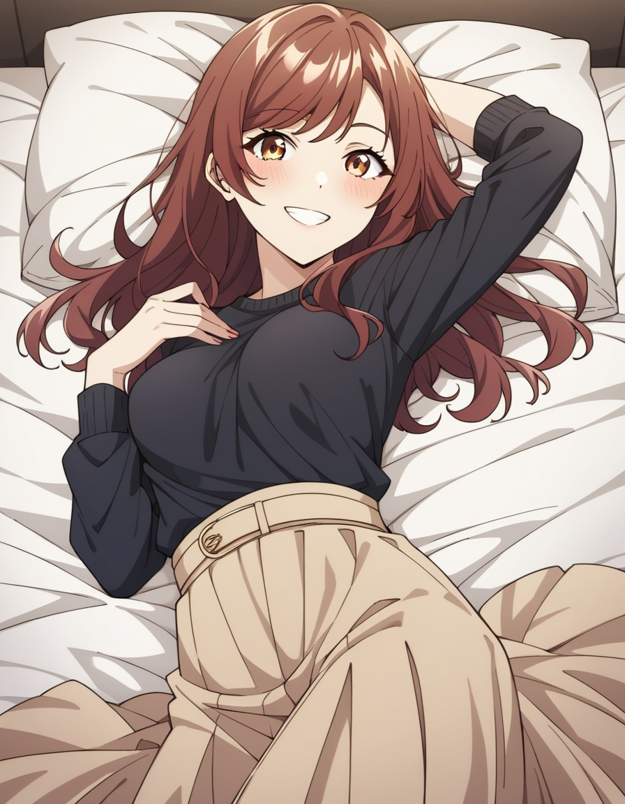 score_9, score_8_up, score_7_up, source_anime, uncensored, <lora:StS_detail_slider_v1:3>, zPDXLxxx, <lora:Miu_Midou_PONYXL_VexVexX:1>, MiuMidou, brown eyes, brown hair, red hair, long hair, bangs, medium breasts, black shirt, long skirt, brown skirt, cowboy shot, bedroom, from side, Laying on one side with legs extended and reaching one arm overhead to stretch the side body, thighs, looking at viewer, smile,