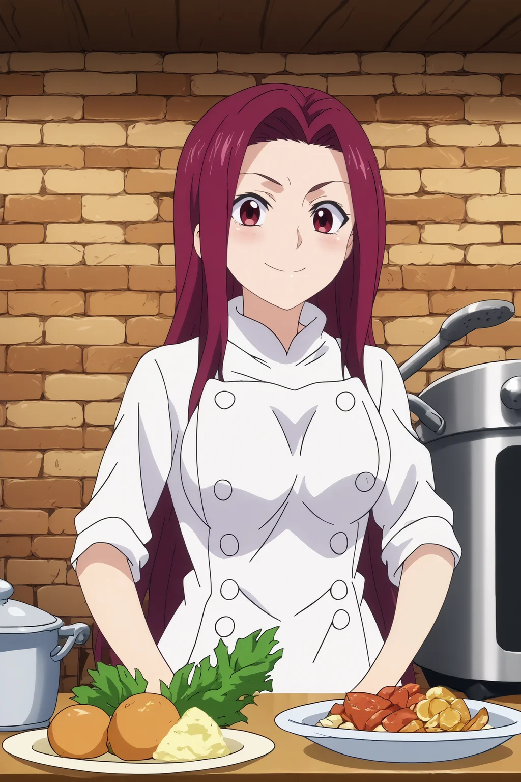 sakaki ryoko,1girl,solo,looking_at_viewer,purple hair, long hair,smile,breasts,chef,white shirt,white pants,smile,blush,upper body,cooking BREAK indoors,Cozy,white walls,small sink, marble countertop, food,vegetables,fridge,fruit, warm light, vintage stove behind,window with a garden, kitchen,orange brick wall,restaurant kitchen <lora:Sakaki_Ryoko_-_Food_Wars.safetensors:0.8> <lora:detailed_backgrounds_v2.safetensors:0.8>