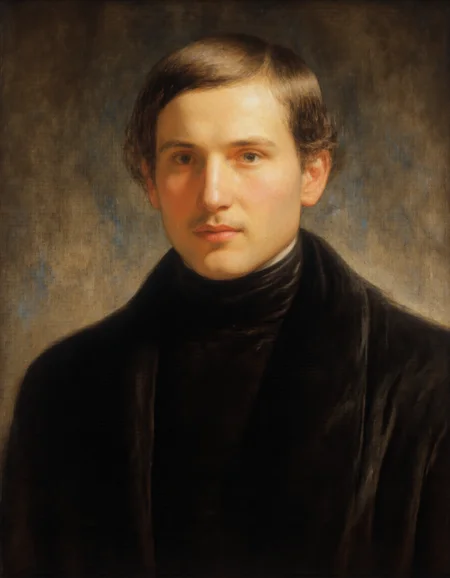 <lora:Dark_Fantasy_Pulp_Pinup:1>, <lora:GOGOL:1>, Realistic portrait of Nikolai Gogol, Russian writer and playwright, in his mid-life. Serious and intense expression, dark eyes full of depth, wearing a dark 19th-century coat with a high collar. Subtle background reminiscent of St. Petersburg interiors. Soft dramatic lighting, highlighting his melancholic and mysterious personality. Oil painting style, high detail
