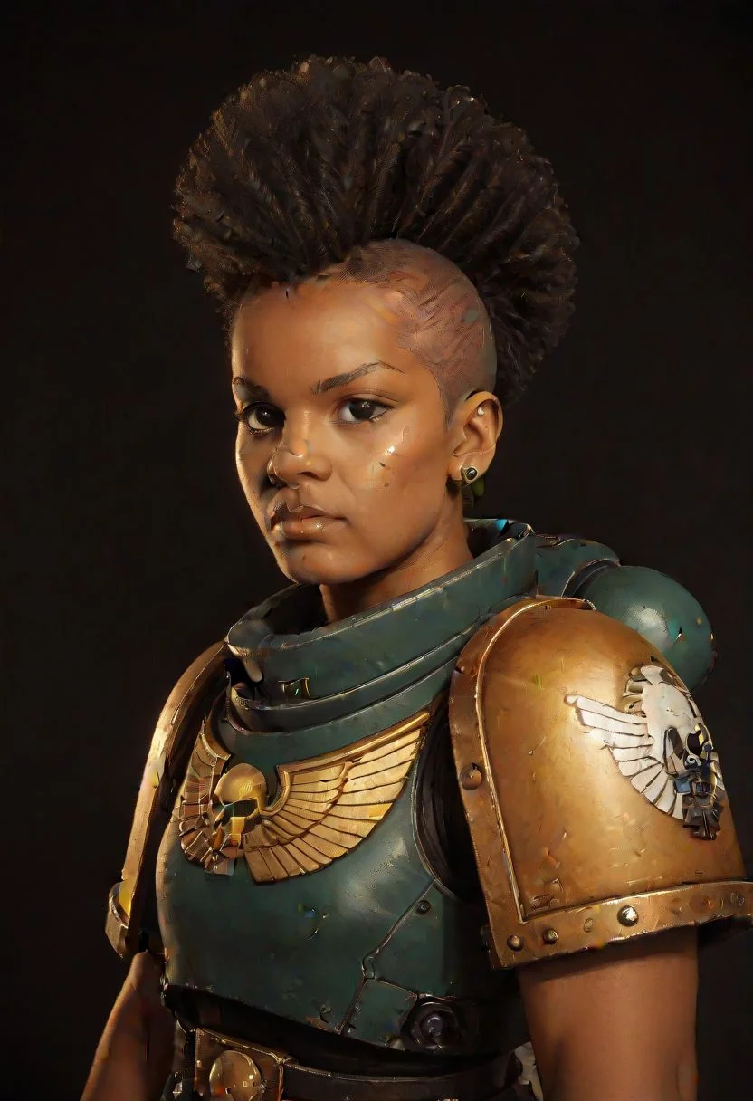score_9,score_8_up,score_7_up, 1 woman, black woman, curly afro mohawk, 40 year old, minor detailed facial scarring, warhammer 40000, knva, halftone effect, retro artstyle, full battle armor, SpaceMarine1024, OverallDetail, raw photo realistic