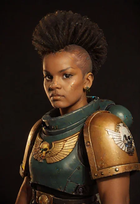score_9,score_8_up,score_7_up, 1 woman, black woman, curly afro mohawk, 40 year old, minor detailed facial scarring, warhammer 40000, knva, halftone effect, retro artstyle, full battle armor, SpaceMarine1024, OverallDetail, raw photo realistic