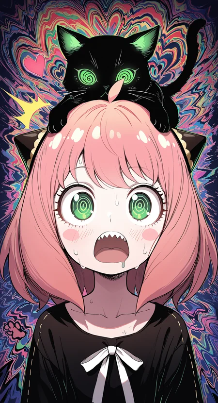 masterpiece, best quality, good quality, very awa, newest, highres, absurdres, anya \(spy x family\), 1girl, solo, open mouth, shirt, green eyes, collarbone, upper body, pink hair, ahoge, heart, sweat, teeth, medium hair, black shirt, blush stickers, cat, sharp teeth, ^^^, drooling, surprised, child, white ribbon, @ @, wide-eyed, on head, black cat, animal on head, hairpods, cat on head, limited palette, sketch, glowing, psychedelic, <lora:illustriousXL_stabilizer_v1.23:0.3> <lora:NOOB_vp1_detailer_by_volnovik_v1:0.3> <lora:ponyv6_noobE11_2_adamW-000017:0.3> <lora:114558v4df2fsdf5:1> <lora:mon_monmon2133:0.6>