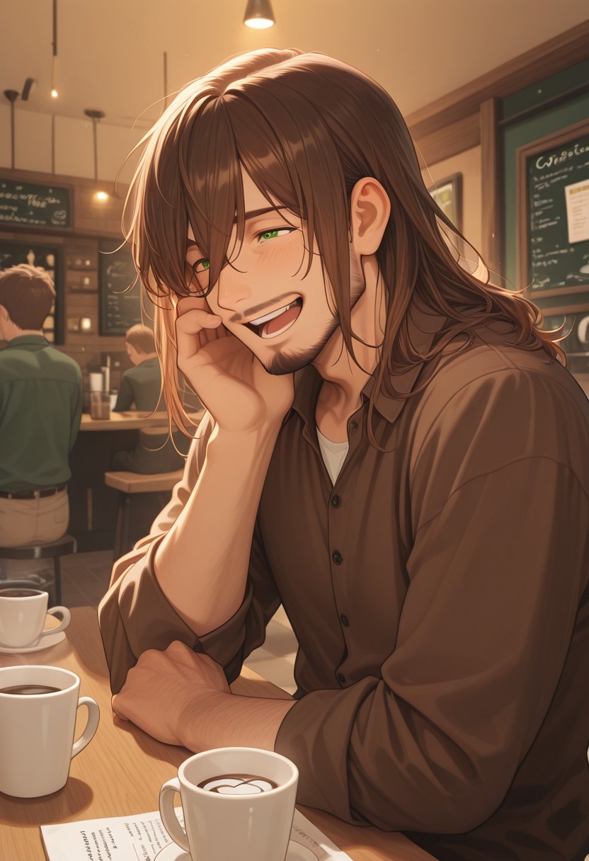 1boy, mbti_infp, mature man, long brown hair, green eyes, at coffee shop, talking to friend, laughing, warm light, relaxed, friendly, charming, aesthetic, detailed background, highres, masterpiece, best quality