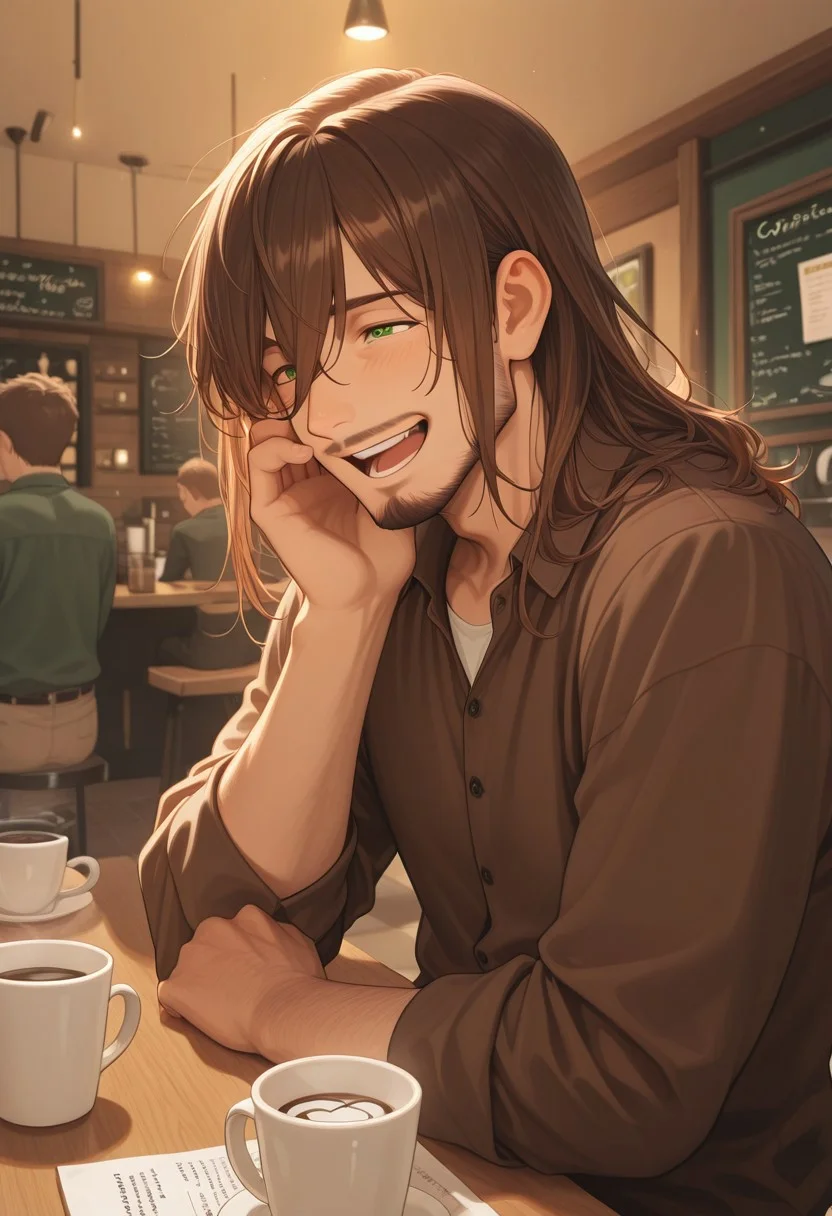 1boy, mbti_infp, mature man, long brown hair, green eyes, at coffee shop, talking to friend, laughing, warm light, relaxed, friendly, charming, aesthetic, detailed background, highres, masterpiece, best quality