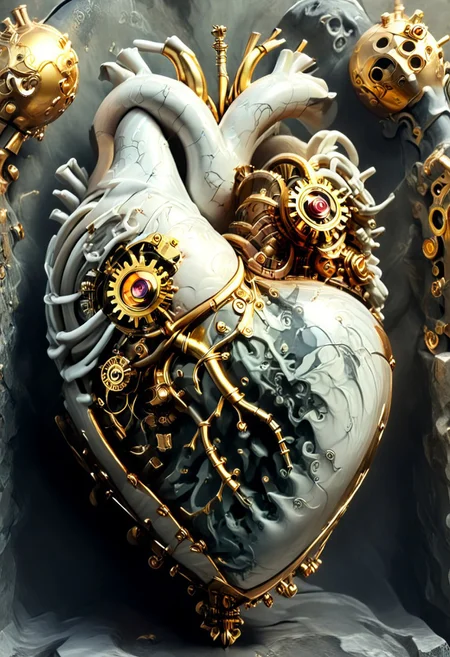 a young woman clutches her mechanical heart in her chest which is rendered in Greys anatomical style with bolts and screws and steampunk valves, it has broken, a small bit of steam escapes from a valve in the heart, and the cracks on her body and heart fill with gold and she turns to marble, 
statue, sculpture,  ArsMJStyle, Rococo Steampunk, DonMSt34mPXL, overgrown, heart art