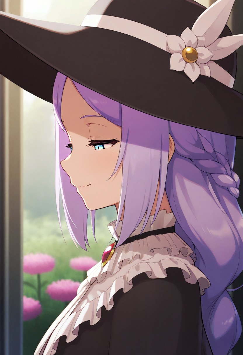masterpiece,best quality,amazing quality,laura latuule, blue eyes, purple hair, 1girl, hat, solo, braid, flower, smile, black headwear, long hair, from side, half-closed eyes