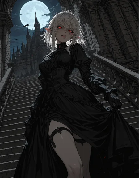 masterpiece, best quality,high quality, newest, highres,8K,HDR,absurdres, 1girl, vampire, elf ears, red eyes, eye trail, pale skin, fangs, white hair, messy hair, victorian dress, thigh strap, night, castle, stairs, mist, intense lighting, detailed background, dynamic pose, dutch angle, <lora:iLLMythSmo0thL1nes:1> Smo0thL1nes