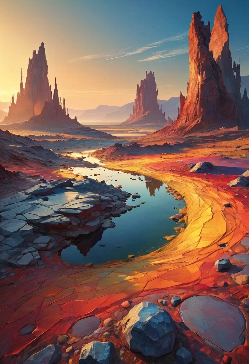 A sprawling plateau on an alien world, characterized by a kaleidoscope of colors and geometric formations. The ground is covered in large, flat stones arranged in intricate patterns, each stone a different hue—bright yellows, deep blues, and vivid reds. Towering above are colossal geometric structures, such as cubes and spheres, made of translucent materials that refract light into a spectrum of colors. The sky is a vibrant canvas of swirling colors, with two suns casting dynamic shadows that shift and change across the landscape, creating an ever-evolving scene.
style of greg rutkowski,janek sedlar,jenny saville:0]  <lora:vivid_everclear:0.35>  <lora:Sinozick:0.35>  <lora:MJ52:0.35>