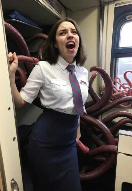 rzdgirl, dark blue skirt, tentacles, white shirt, necktie, train interior, screaming woman, catched with tentacles, close-up horror movie shot