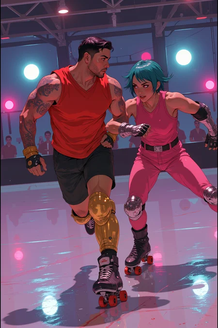 On a gleaming rink bathed in colorful disco lights, a muscular Latino man with a shaved head and a bright-red sleeveless jersey speeds forward on his roller skates, his golden knee pads flashing as he dodges an unseen opponent. Beside him, an Indian woman with a fierce expression, short teal hair, and a neon-pink jumpsuit leans in, her metallic elbow guards gleaming as she prepares to block him. Their skates carve through the polished floor, leaving a blur of color and motion as they push each other to their limits. <lora:Semi-realisticPortraitPainting:0.4> <lora:Let_It_Blaze_in_Crimson_anime_v1.0:0.6>