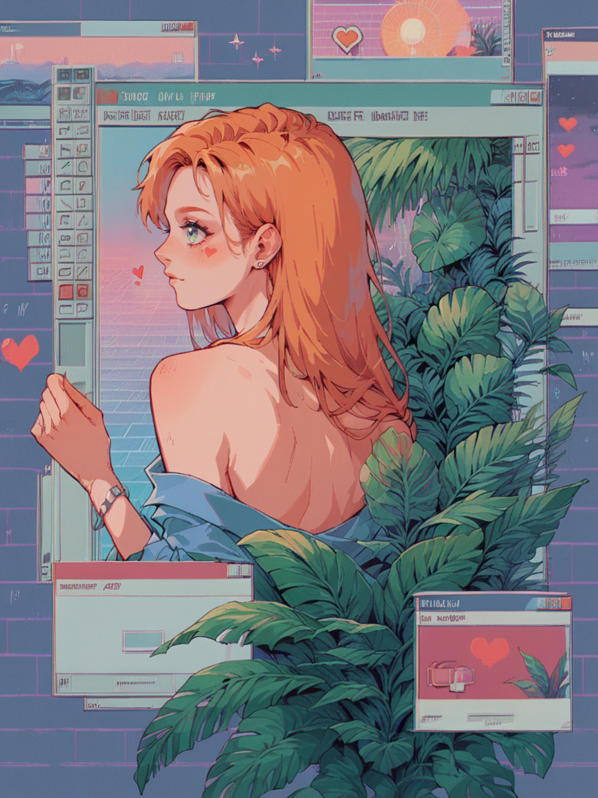 score_9, score_8_up, score_7_up, score_6_up,   <lora:win98XLP:1> win98, fake screenshot, 1990s \(style\), retrowave, 1girl, plants, hearts, long hair, ginger hair