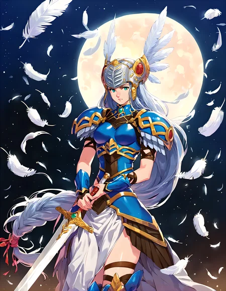 <lora:pony_xl_Lenneth:0.9>,Lenneth,score_9,score_8_up,score_7_up,source_anime,1girl,solo,valkyrie,winged helmet,blue armor,shoulder armor,pauldrons,long_skirt,blue footwear,boots,feathers,sword,sheath,holding sword,night,night_sky,moonlight,aerial,cowboy_shot,