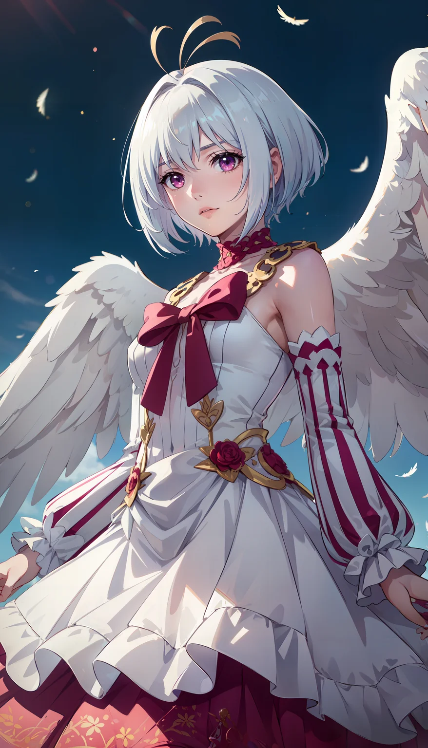 photorealistic, (4k), depth of field, (Masterpiece), (realistic skin texture), extremely detailed, intricate, hyper detailed, professional photography, bokeh, high resolution, sharp detail, best quality, girl, short hair, white hair, antenna hair, ahoge, pink eyes, bare shoulders, long sleeves, white and pink dress, bow, angel wings, frills, <lora:GoodHands-beta2:1> , <lora:detail_slider_v4:0.8> , dynamic pose, (arms at her side), <lora:Fitoria:0.7>, backlighting, angelic background, bright lighting, floating feathers,