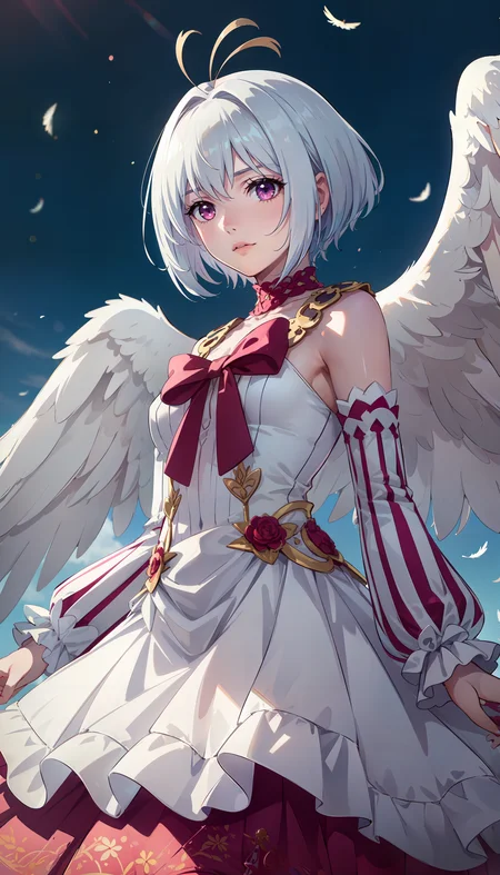 photorealistic, (4k), depth of field, (Masterpiece), (realistic skin texture), extremely detailed, intricate, hyper detailed, professional photography, bokeh, high resolution, sharp detail, best quality, girl, short hair, white hair, antenna hair, ahoge, pink eyes, bare shoulders, long sleeves, white and pink dress, bow, angel wings, frills, <lora:GoodHands-beta2:1> , <lora:detail_slider_v4:0.8> , dynamic pose, (arms at her side), <lora:Fitoria:0.7>, backlighting, angelic background, bright lighting, floating feathers,