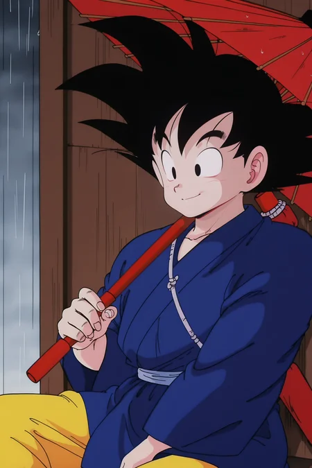 anime screencap, masterpiece, best quality, amazing quality, very aesthetic, absurdres, newest, official style,
son goku, teenage, solo, smile, black hair, 1boy, sitting, weapon, male focus, cowboy shot, black eyes, umbrella,piked hair, rain, holding umbrella, oil-paper umbrella, yellow pants, leaning against wall, hand on wall, blue kimono, long sleeves, weapon on back, nyoibo, looking at another, fingernails, 1980s \(style\),
<lora:SonGoku_IL:0.8>