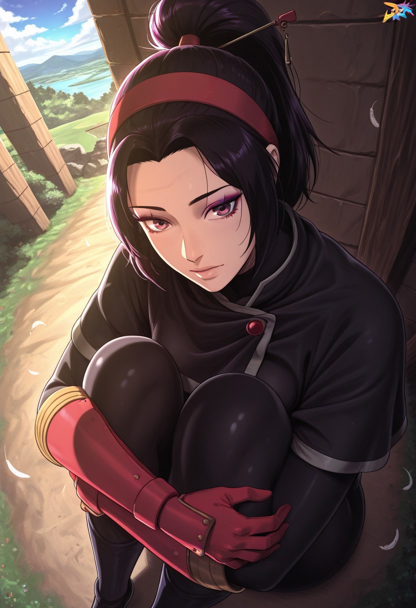 outdoors, undershirt, falling feathers, black bodysuit, hair stick, hugging own legs, , gauntlets,   eyeshadow,   red gloves,  high ponytail,  , black capelet, red hairband, pink eyes, 1girl, solo
 dynamic angle, foreshortening, dartILL,
