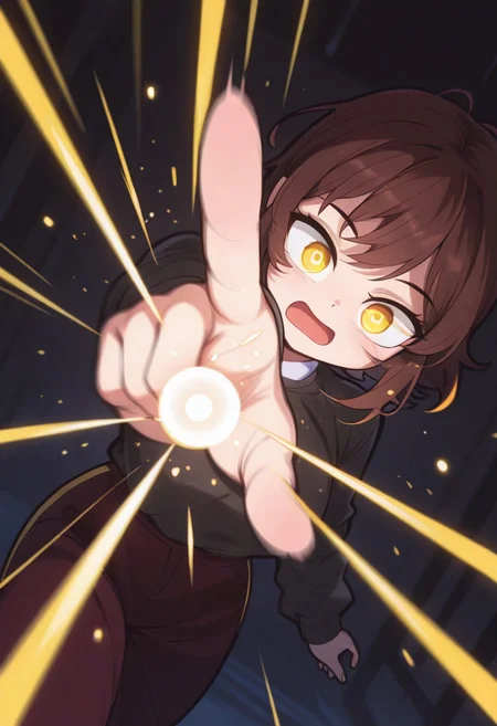 Ghelber, 1girl, solo, bottom_view, arm reaching out, pointing finger, energetic expression, open mouth, dynamic angle, motion blur, light burst, glowing particles, masterpice, best quality, 4k, absurdres,