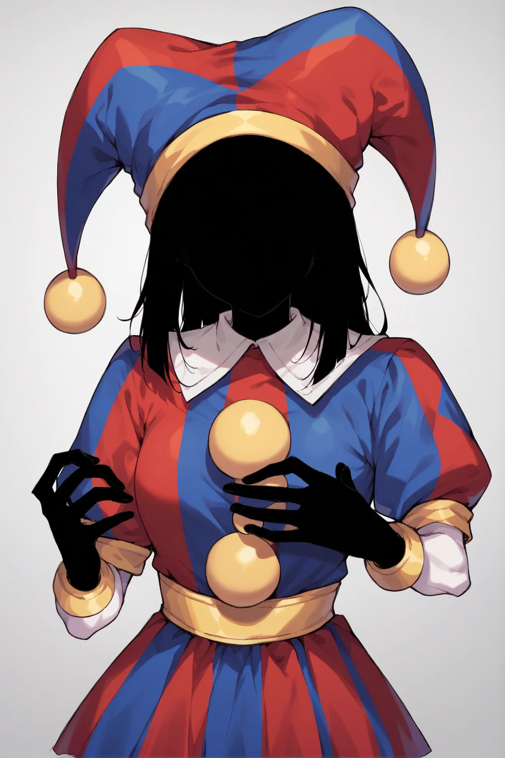 <lora:ShadowPerson-000004:1>, 1girl, solo, ShadowPerson, colored skin, black skin, black hair, faceless, silhouette, <lora:pomni:0.6>, clown outfit, jester cap,, score_9, score_8_up, score_7_up,