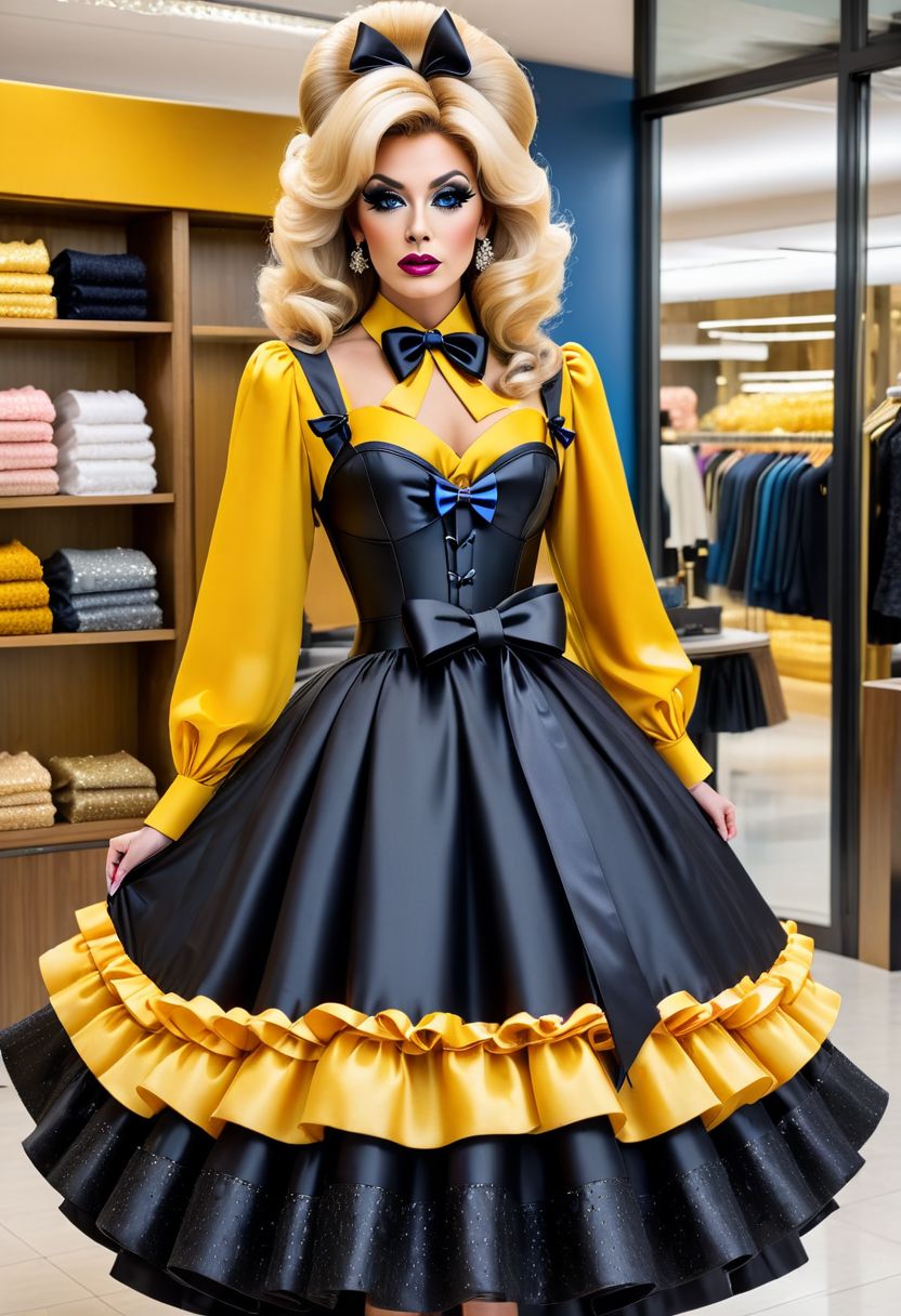A (((modern color 8K full-body photograph))) of a ((clothing boutique)) featuring a (45 year old drag queen) as a sales clerk holding a ginormous ((retro 1980's yellow princess dress)) on a clothe-hanger, made of glossy silk, wearing in a luxurious, glossy blue button-front satin blouse, fitted waist belt exaggerating a gibson girl silhouette, black pencil skirt and elaborate makeup with long eyelashes, a large blonde bouffant beehive hairstyle with flowers and a giant bow.