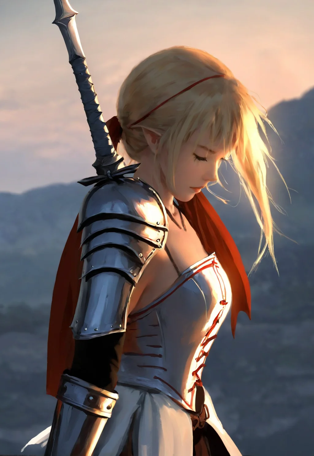 (wlop:1.2),<lora:wlop_mobei-000001:1>,wlstyle,(realistic:1.4),(extremely intricate:1.2),1girl,solo,long hair,blonde hair,dress,bow,ribbon,bare shoulders,closed eyes,hair ribbon,ponytail,weapon,ahoge,hair bow,outdoors,detached sleeves,sword,artist name,armor,from side,profile,gauntlets,breastplate,realistic,armored dress,field,excalibur (fate/stay night),caliburn (fate),