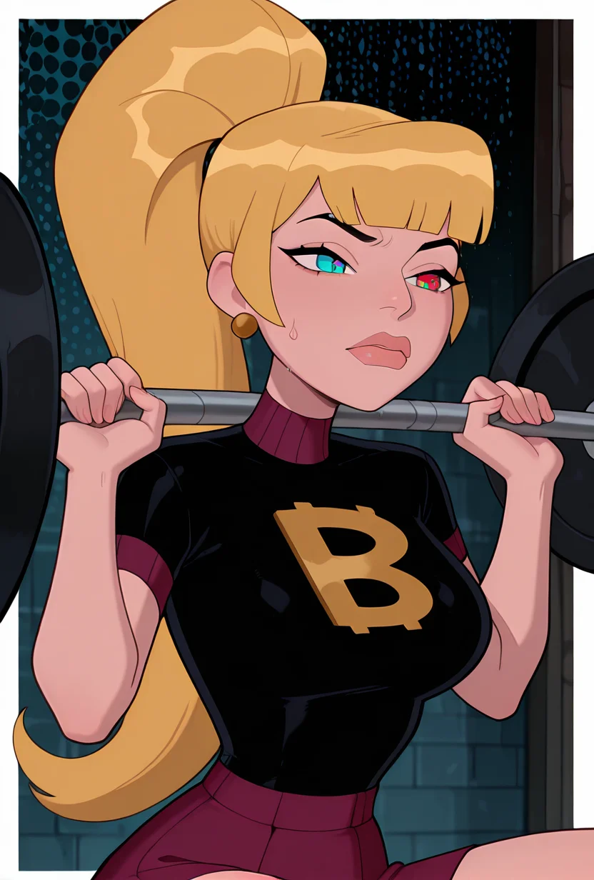 <lora:mazuma-10:1> mazuma, blonde hair, ponytail, long hair, 1girl, earrings, black shirt, short sleeves, heterochromia, lips, maroon skirt, <lora:Barbell_Squat:1> barbell squat, sweat, shorts, masterpiece, best quality, amazing quality, very aesthetic, absurdres, newest,, upper body, halftone effect, white borders, abstract background:1.2,