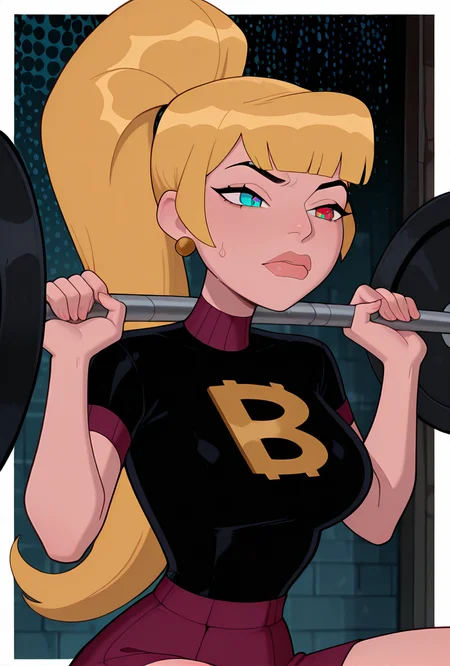 <lora:mazuma-10:1> mazuma, blonde hair, ponytail, long hair, 1girl, earrings, black shirt, short sleeves, heterochromia, lips, maroon skirt, <lora:Barbell_Squat:1> barbell squat, sweat, shorts, masterpiece, best quality, amazing quality, very aesthetic, absurdres, newest,, upper body, halftone effect, white borders, abstract background:1.2,