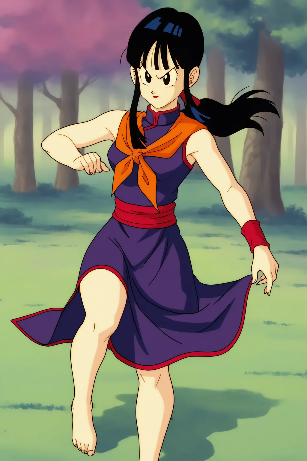 source_anime, score_9, score_8_up, score_7_up, anime screencap, absurdres,
chi-chi, dragon ball \(classic\), main outfit, 1girl, solo, long hair, bangs, nature, outdoors, black hair, jewelry, standing, full body, earrings, barefoot, black eyes, bracelet, neckerchief, makeup, leg up, forest, standing on one leg, purple dress, orange neckerchief, orange sash, hair down, fighting stance, toenails, lipstick, fingernails, official style, bottomless, bare legs,
<lora:chichi_v1:0.8>