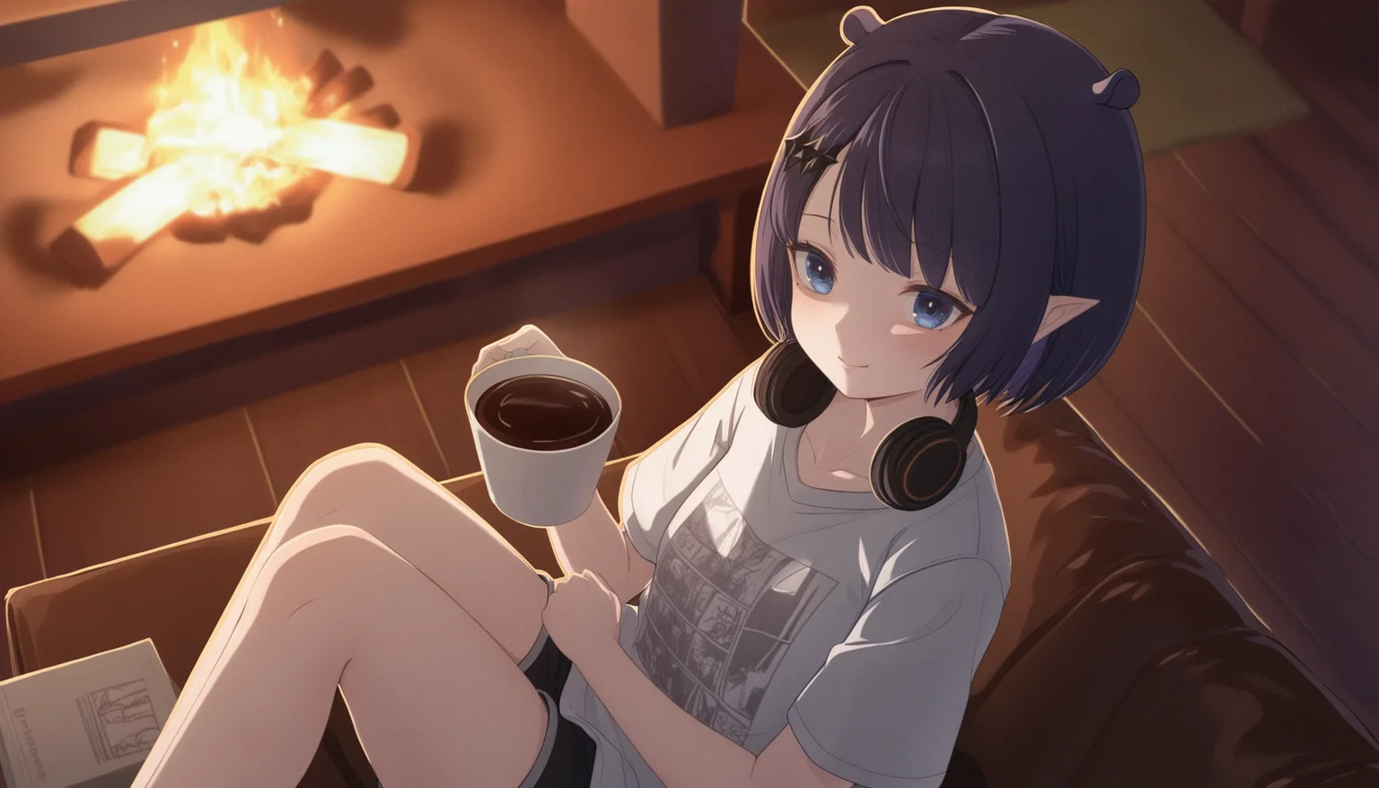quragenomiken, 1girl, solo, looking at viewer, smile, short hair, blue eyes, shirt, hair ornament, holding, closed mouth, sitting, white shirt, purple hair, short sleeves, sidelocks, shorts, pointy ears, virtual youtuber, indoors, official alternate costume, mole, blurry, cup, mole under eye, short shorts, blurry background, black shorts, headphones, from above, bob cut, fire, t-shirt, holding cup, knees up, couch, official alternate hairstyle, wooden floor, mug, headphones around neck, official alternate hair length, coffee mug, rug, fireplace, campfire, ninomae ina'nis <lora:quragenomiken:0.8>, film grain