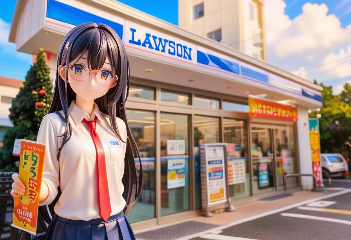score_9, score_8_up, score_7_up, rating_safe, masterpiece, best quality, absurdres, unity 8k wallpaper, official art, official style, source_anime, uncensored, game cg, megami magazine,
1girl, solo, glasses, black hair, long hair,  collared shirt, red necktie, pleated skirt, blue skirt, looking at viewer, blush, upper body,
lawson, konbini, scenery, storefront, scenery, shop, sky, cloud, outdoors, day, real world location, blue sky, building, road, sign, city, tree
<lora:lawson_storefront_PONY_V1:1>