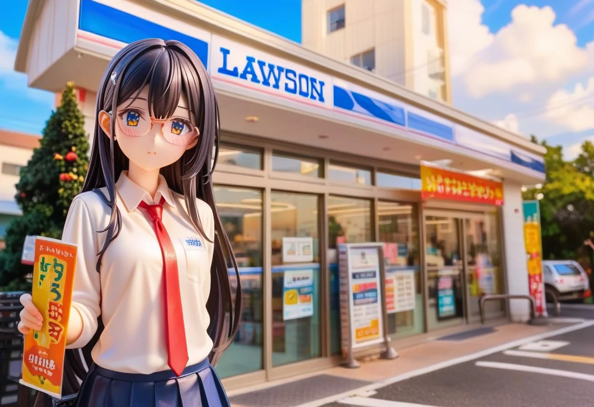 score_9, score_8_up, score_7_up, rating_safe, masterpiece, best quality, absurdres, unity 8k wallpaper, official art, official style, source_anime, uncensored, game cg, megami magazine,
1girl, solo, glasses, black hair, long hair, collared shirt, red necktie, pleated skirt, blue skirt, looking at viewer, blush, upper body,
lawson, konbini, scenery, storefront, scenery, shop, sky, cloud, outdoors, day, real world location, blue sky, building, road, sign, city, tree
<lora:lawson_storefront_PONY_V1:1>