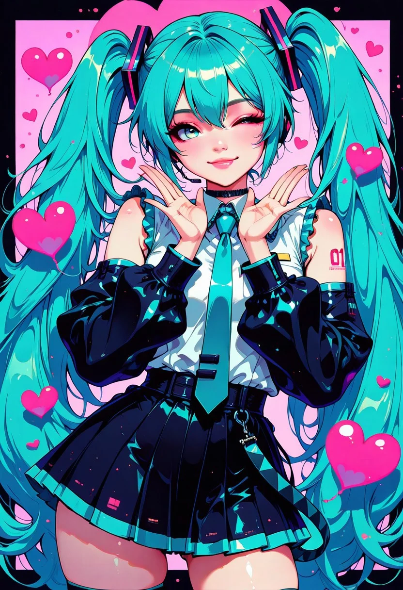 artist:moriimee, in the style of cksc, in the style of cknc, hrtdrp, Hearts Drips, masterpiece, best quality, good quality, very aesthetic, absurdres, newest, 8K, depth of field, focused subject, BREAK hatsune miku, vibrant, hearts, smile, wink, cowboy shot, dynamic pose