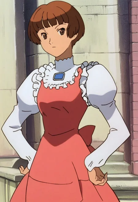 score_9,score_8_up,score_7_up, anime screencap, anime screenshot, source_anime,best quality, masterpiece, high quality, detailed, best quality, retro artstyle, 1990s (style), uncensored,(clear eyes:1.2),(5 finger:0.5),zPDXLpg, easynegative,. SochiteCute, 1girl, solo, pantyhose, brown hair, pink dress, dress, short hair, brown eyes, medium breast, boots, high heels, pink footwear, black pantyhose, puffy sleeves, frills, jewelry, shirt, white shirt, juliet sleeves, standing, looking at viewer, one hand on hip, 5fingers on each hand, detailed hand, (upper body view),