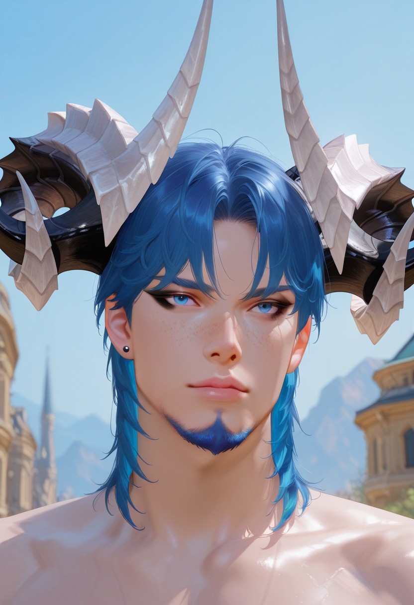 score_9, score_8_up, score_7_up, 1boy, solo, male focus, Feng, man, handsome male, blue hair, loose hair, medium hair, blue eyes, black eyeliner, freckles, piercings, short beard, earrings, toned body, athletic physique, demon horns, close up, face focus, relaxed and carefree vibe, outdoors, elegant atmosphere, high quality, realistic, hd render,