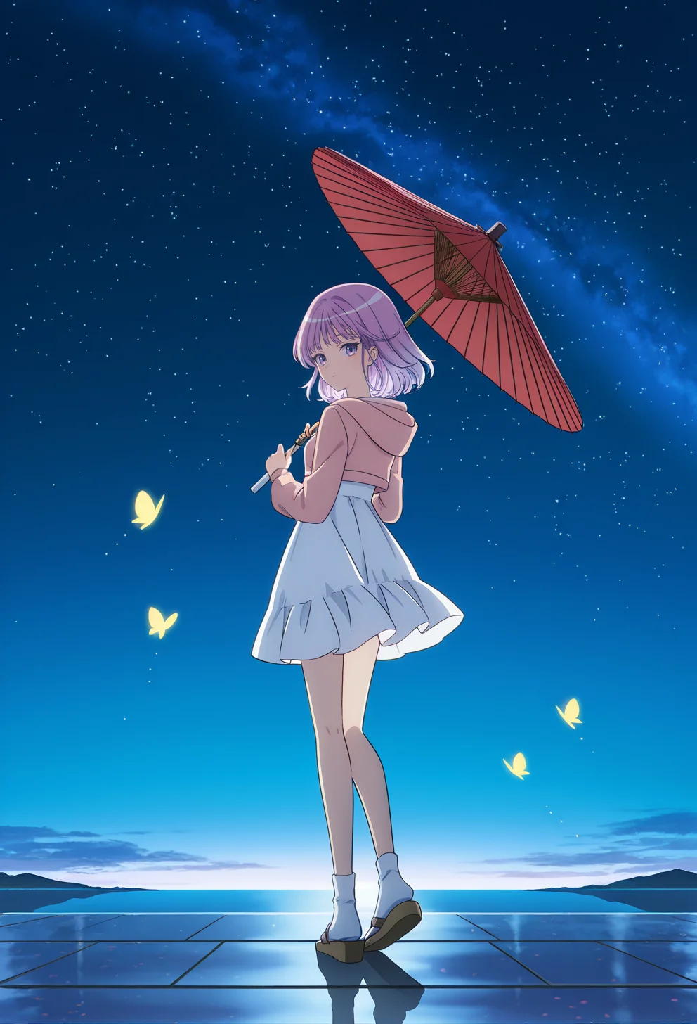 <lora:YUNA AKAGI-000036:1>,
YUINA AKAGI,umbrella,solo,hood,hood down,sky,looking back,night,socks,standing,holding umbrella,hoodie,looking at viewer,from behind,dress,holding,short hair,outdoors,bug,white skirt,star \(sky\),white socks,starry sky,butterfly,skirt,night sky,full body,medium hair,purple hair,sandals,long sleeves,oil-paper umbrella,white dress