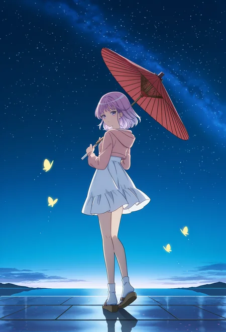<lora:YUNA AKAGI-000036:1>,
YUINA AKAGI,umbrella,solo,hood,hood down,sky,looking back,night,socks,standing,holding umbrella,hoodie,looking at viewer,from behind,dress,holding,short hair,outdoors,bug,white skirt,star \(sky\),white socks,starry sky,butterfly,skirt,night sky,full body,medium hair,purple hair,sandals,long sleeves,oil-paper umbrella,white dress