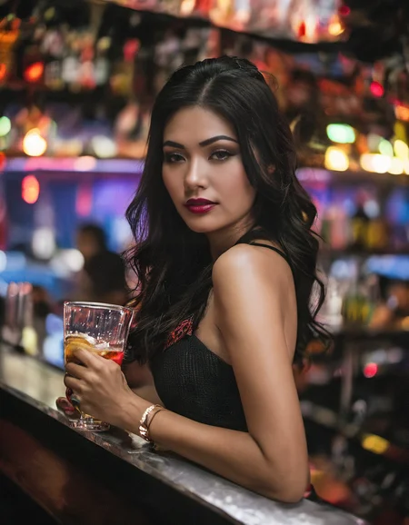 bangkok, <lora:bargirl:1.0> photo of bargirl, drinking, bargirllocation looking at the viewer, tack sharp, professionally color graded dslr