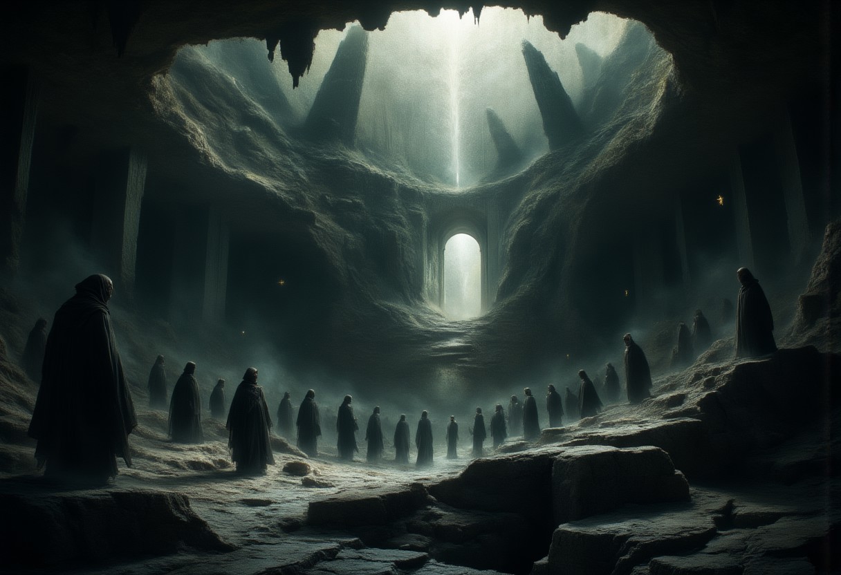 A vast and endless underworld, Sheol stretches beneath the earth like a forgotten chasm, its atmosphere thick with an eerie, otherworldly silence. The ground is cracked and lifeless, composed of blackened stone and ashen dust, while towering jagged pillars fade into an eternal twilight. The air is heavy with a ghostly mist, swirling around the countless shadowy figures, endless in number, stretching as far as the eye can see.
These spectral forms, their shapes flickering between solid and translucent, drift aimlessly in the gloom—faceless, hollow-eyed, their bodies blurred between existence and nothingness. Some stand motionless, frozen in time, while others shuffle forward in eternal silence, lost to the void. Their outlines waver, dissolving like smoke only to reform again, as if trapped in an endless loop of forgotten souls.
Dim, flickering lights, like dying embers, float aimlessly in the gloom, casting faint, shifting glows over the abyss. The walls of Sheol seem to stretch infinitely, carved with ancient, unreadable inscriptions, whispering the secrets of the dead. Deep within, shadowy doorways hint at even darker depths, places where the silence is broken only by the distant echoes of murmured laments.
A sense of vast isolation and eerie tranquility lingers, as if time itself has lost meaning. There is no fire, no torment—only the weight of eternal stillness, the mournful whispers of the countless souls that have long faded from the world above.
Ultra-detailed, cinematic lighting, dark fantasy, gothic realism, atmospheric and haunting, hyper-realistic textures, eerie and mystical composition. DarkAtmosCE style, aidmamj6.1