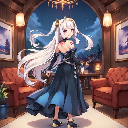 score_9, score_8_up, score_7_up, source anime, BREAK, ((from behind)), (looking back), standing, <lora:Ivris:0.7> , ivdef, 1girl, long hair, very long hair, white hair, two side up, sidelocks, purple eyes, tiara, ring hair ornament, bare shoulders, shoulder tattoo, sleeveless dress, halterneck, black dress, detached sleeves, black sleeves, sleeves past wrists, anklet, boots, <lora:m4gXLP:0.55> , m4g, looking at viewer, night, living room, lobby, <lora:backgroundsetXL:0.2> , background, (solo), smile, head tilt, <lora:hand 4:0.4> , Hand, hands, perfect hands,