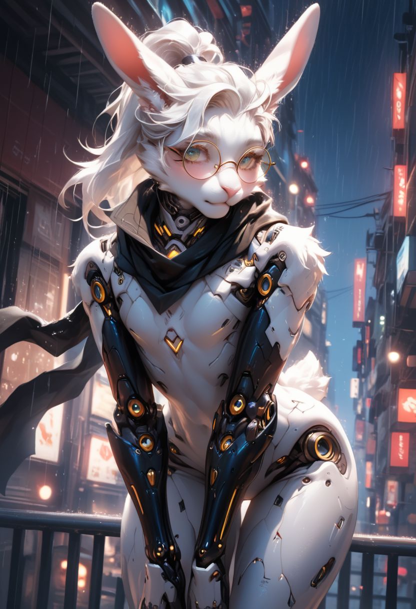 score_9, score_8_up, score_7_up, score_6_up, source_furry, realistic, solo, close up, face focus, (bottom view:1.3), standing, ((leaning forward61.3)), boy, (black scarf), anthro rabbit boy, girly, twink, sexy attire, (black armour:1.1), 1boy, round glasses, sexy, fit, thick thighs, soft fur, white fur, skinny, flat-chested, attractive, undercut, ponytail, (white colours:1.1), (exosuit:1.2), robot joints, futuristic, cyberpunk, night city, rain, roof,  realistic fur texture, Expressiveh, 1dk