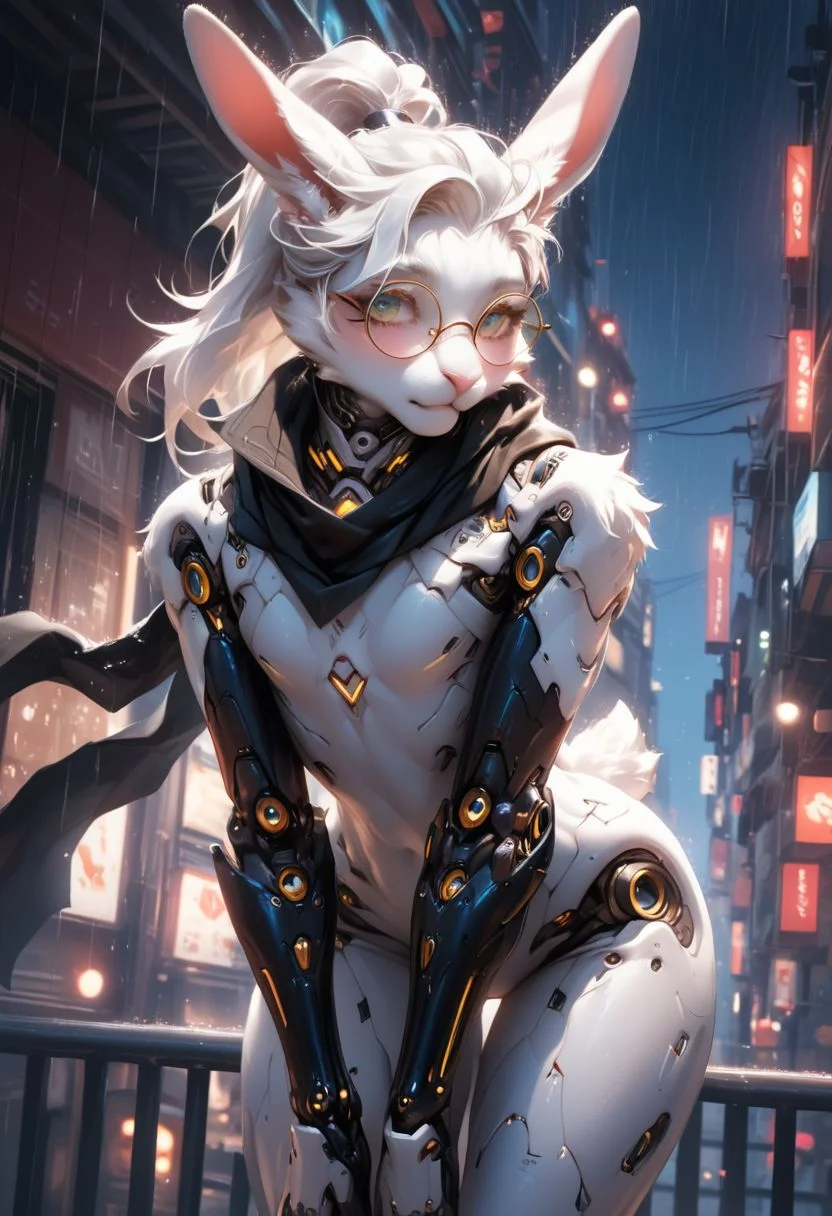 score_9, score_8_up, score_7_up, score_6_up, source_furry, realistic, solo, close up, face focus, (bottom view:1.3), standing, ((leaning forward61.3)), boy, (black scarf), anthro rabbit boy, girly, twink, sexy attire, (black armour:1.1), 1boy, round glasses, sexy, fit, thick thighs, soft fur, white fur, skinny, flat-chested, attractive, undercut, ponytail, (white colours:1.1), (exosuit:1.2), robot joints, futuristic, cyberpunk, night city, rain, roof, realistic fur texture, Expressiveh, 1dk