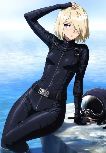masterpiece,absurdres,best quality,high quality,<lora:MeMaXL5 Type B Vpred Noob:1>,1girl,arm support,belt,black belt,black bodysuit,black gloves,blonde hair,bodysuit,diving helmet,diving suit,fingerless gloves,freckles,gloves,hair over one eye,hand on own head,helmet,long sleeves,looking to the side,ocean,parted lips,purple eyes,short hair,solo,thighs,unworn headwear,unworn helmet,wading,wet,wet clothes,wetsuit,small breasts,