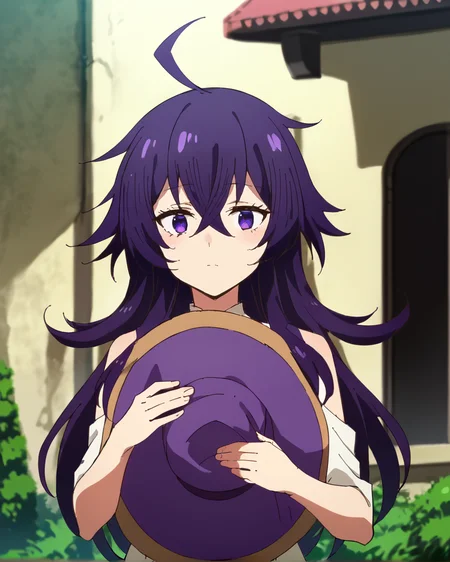 <lora:Belano:1>  belano, long hair, purple hair, purple eyes, hair between eyes, 1girl, solo, ahoge, nude, hatnsor, hat removed, holding hat, covering breasts, outside, upper body, <lora:Holding_Hat__Hat_Censor_Lora_Pony:1>,, , score_9, score_8_up, score_7_up, score_6_up, score_5_up, score_4_up, source_anime,masterpiece,