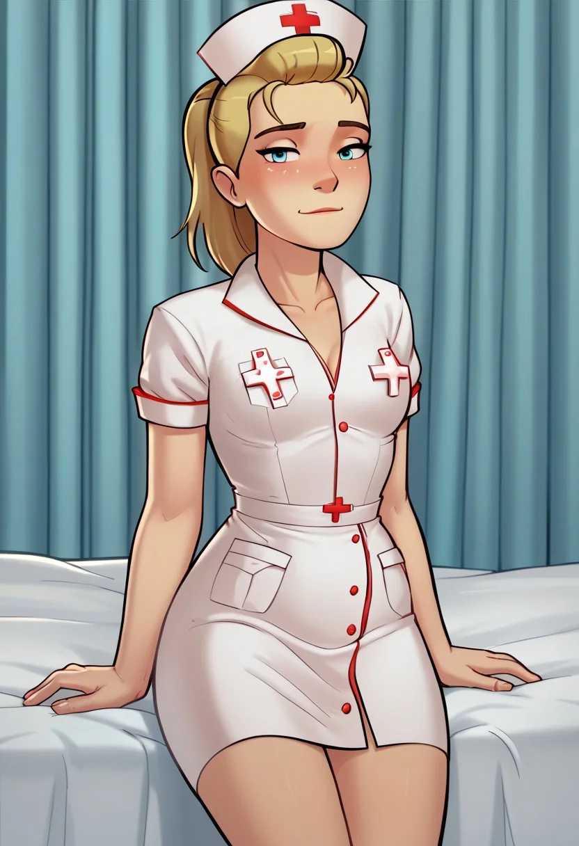 score_9, Score_8, relatedguy, solo, 1girl, CHAdora, nurse, brightmoonbedroom