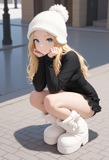 masterpiece, best quality, 
1girl, blonde hair, long hair, blue eyes, 
microdress, black dress, frilled dress, squatting, 
fur boots, white footwear, pavement,smile, fur beanie, 
<lora:real_fur_v0.4-illu10:1>