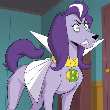 masterpiece, best quality, amazing quality, brainyb, female, furry female, feral, solo, dog, purple fur, purple hair, white highlights, green eyes, black nose, tail, yellow collar, white cape, standing, angry, wide-eyed, indoors, living room
