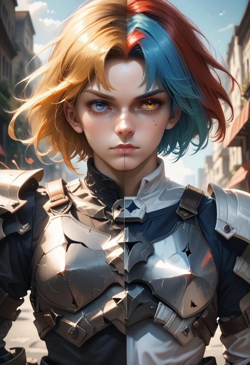 score_9_up, score_8_up, score_7_up, REALISTIC, DUALITY SEGMENTATION,
MIX OF man AND armor,
HETEROCHROMIA, SPLIT-COLOR HAIR