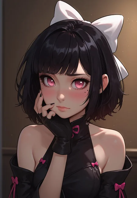 embedding:urn:air:sd1:embedding:civitai:222256@250708, high detail, Smooth, sharp lines, score_9_up, score_8_up, detailed, masterpiece, super cute style, 1girl, solo, looking at viewer, blush, short hair, bangs, black hair, gloves, dress, bow, bare shoulders, closed mouth, upper body, hair bow, black hair, black gloves, hand up, fingerless gloves, pink eyes, nail polish, mole, blurry, mole under eye, white bow, black nails, hand on own face, shy, embarrassed