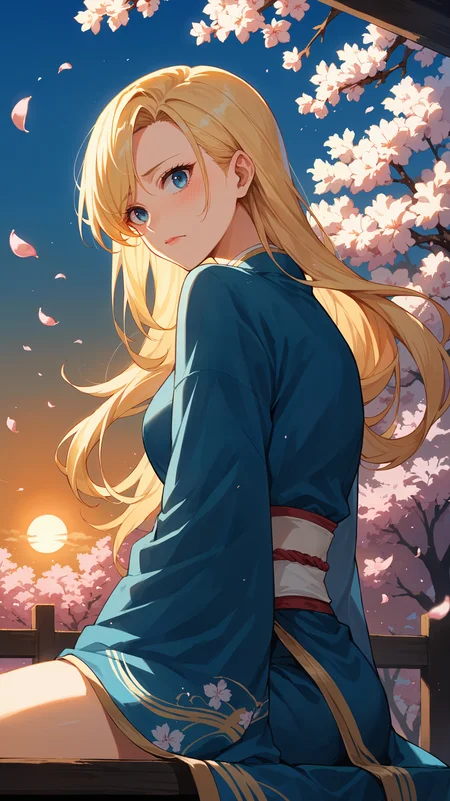score_9,score_8_up,score_7_up,score_6_up, <lora:xl_more_art-full_v1:0.5>, source_anime, woman, dynamic pose, sitting with her back arched, <lora:Ryuko Tsuchikawa (Pixie-Bob) - Pony:0.8>, long hair, blonde hair, blue eyes, side-swept bangs, forehead, blue kimono, cherry blossoms, falling pedals, sunset, portrait, shy,