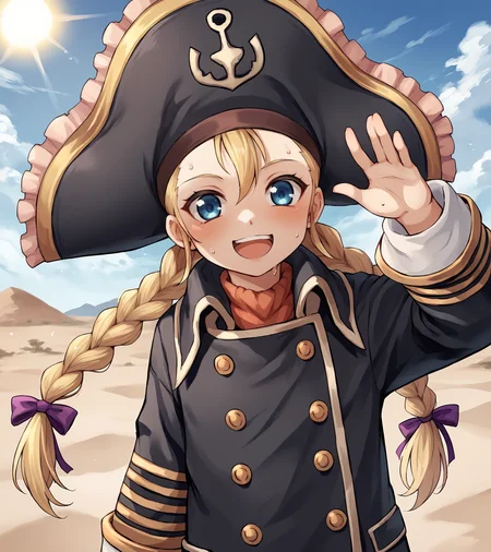 score_9, score_8_up, score_7_up, score_6_up, score_5_up, score_4_up, BREAK source_anime,
1girl, solo, <lora:PattyFleur:0.9>, Patty Fleur, blonde hair, twin braids, hair ribbon, blue eyes, flat chest, pirate hat, black coat, boots,
(upper body, portrait),, from behind,, looking at viewer, happy,
outdoors, desert, sand dunes, sun, sweat,
nyonyonba_tarou,
