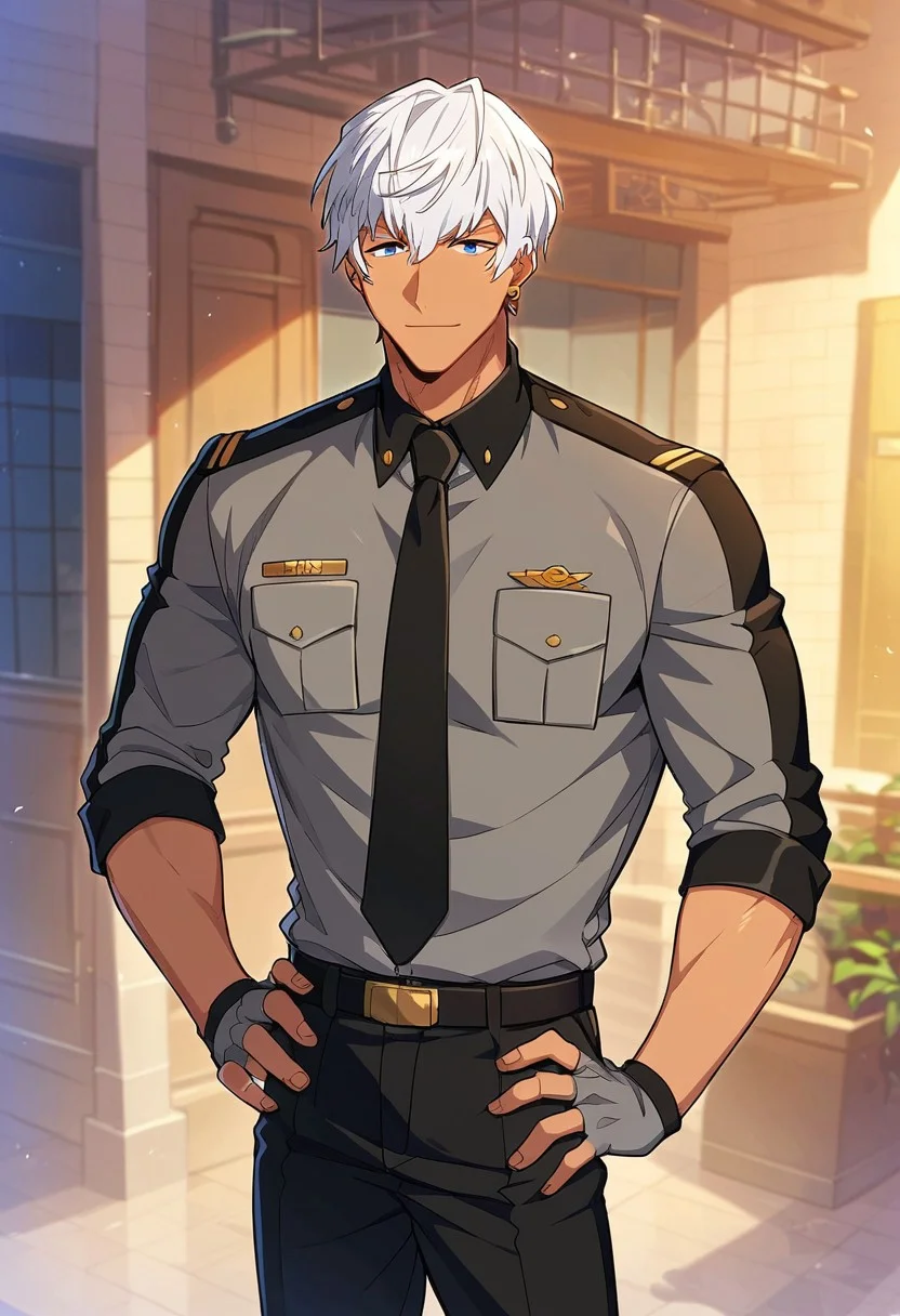 score_9_up, score_8_up, score_7_up, best quality, amazing quality, best aesthetic, 1boy, solo, muscular male, Oscarhelios, white hair, blue eyes, dark skinned male, earrings, police uniform, black tie, grey gloves, fingerless gloves, black pants, waist up, hand on hips, closed mouth, smiling, muscular male, large pectorals, outside, sunny, blue skies, waist up